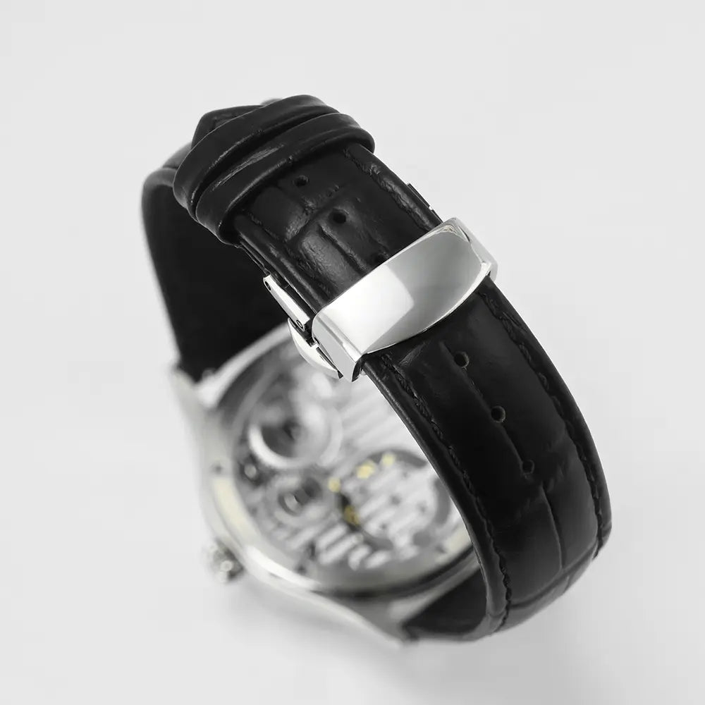 HORAE V Gravitas Green Malachite black leather strap and folding clasp, rear view