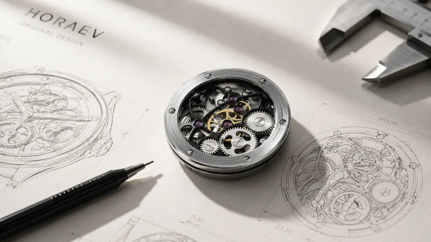 HORAE V skeleton watch movement on technical design drawings