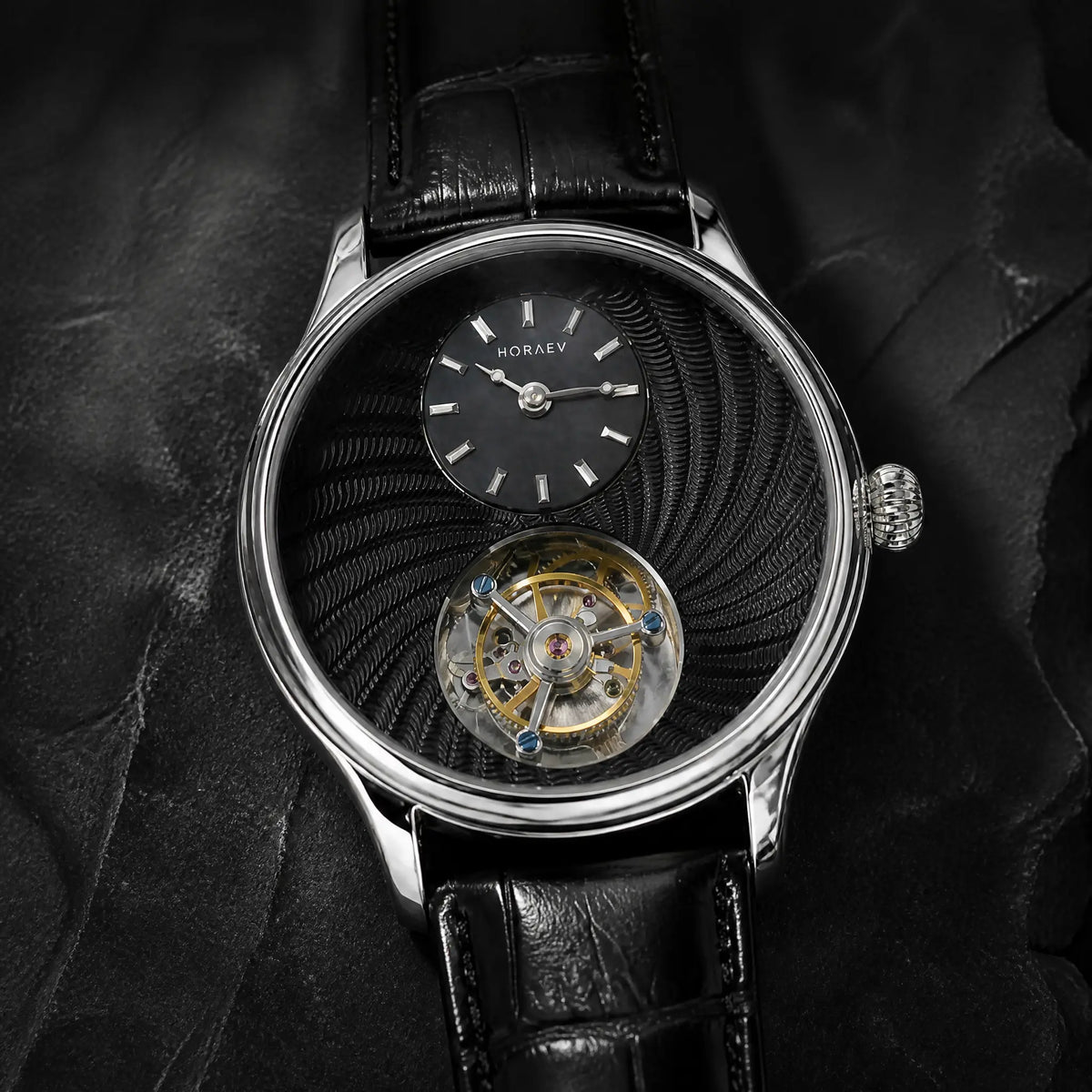 SILVER-TONE CASE, BLACK LEATHER STRAP