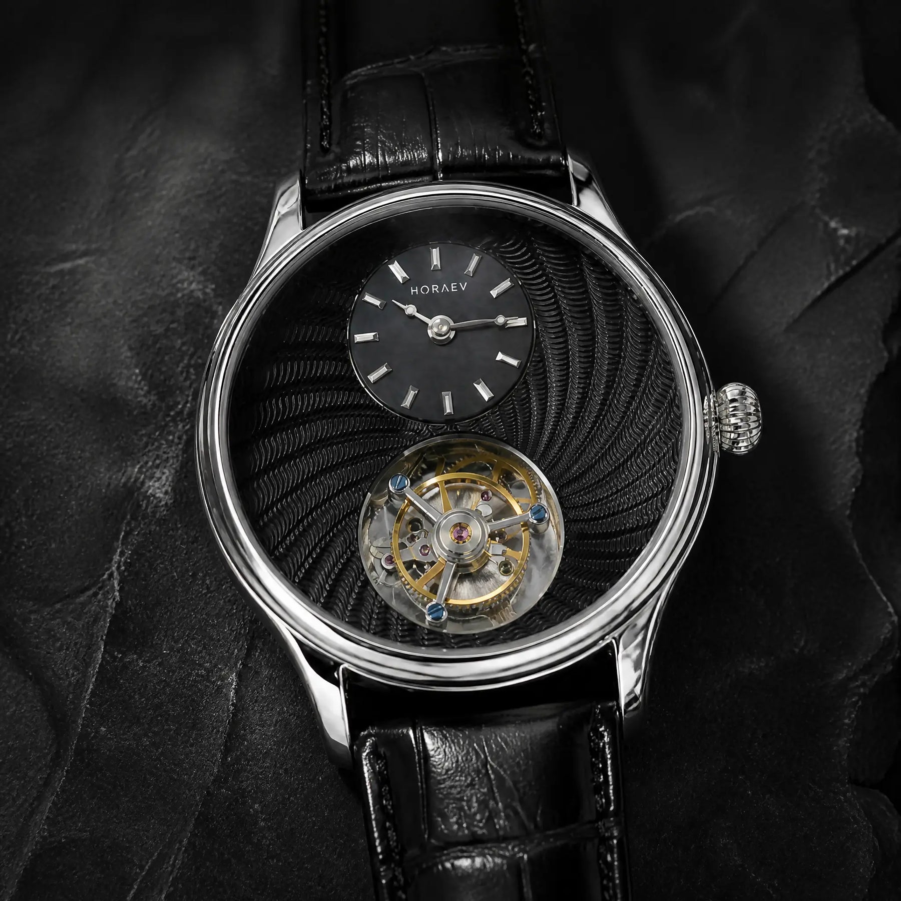SILVER-TONE CASE, BLACK LEATHER STRAP