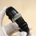 HORAE V black leather watch strap and folding clasp detail