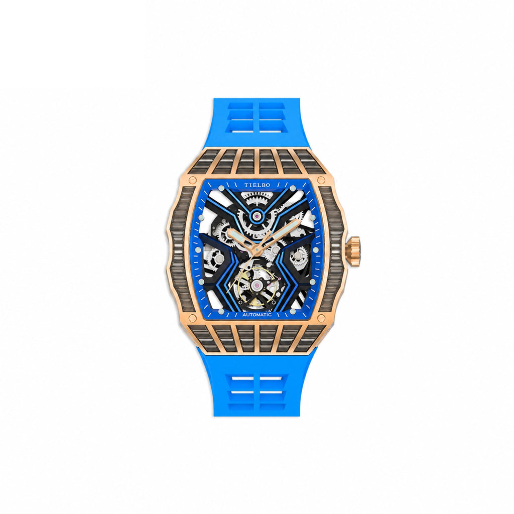 HORAE V Avant Pulse T305M rose gold tone black accents blue strap front view