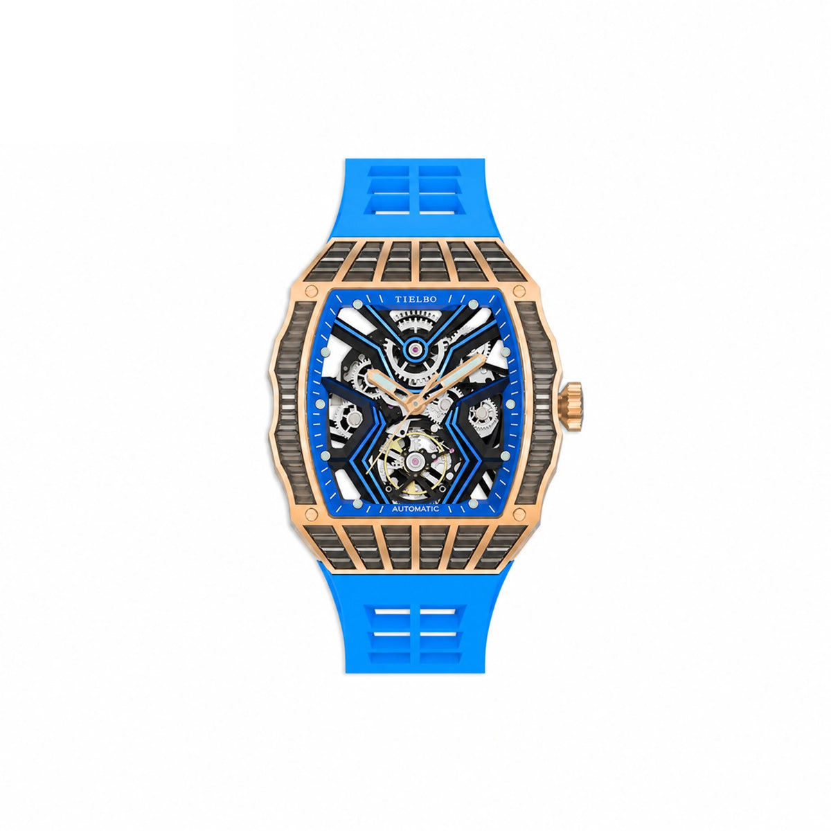 HORAE V Avant Pulse T305M rose gold tone black accents blue strap front view