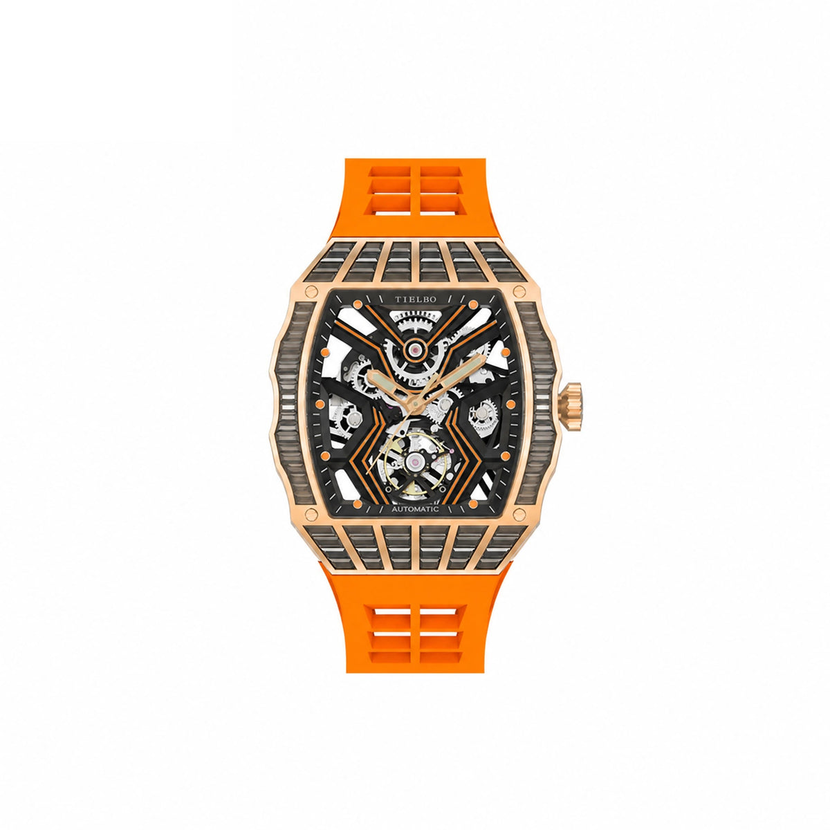HORAE V Avant Pulse T305M rose gold tone black accents orange strap front view
