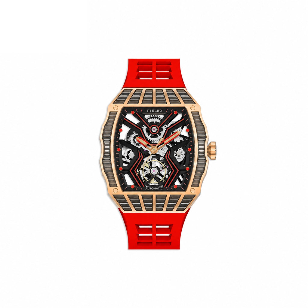 HORAE V Avant Pulse T305M rose gold tone black accents red strap front view