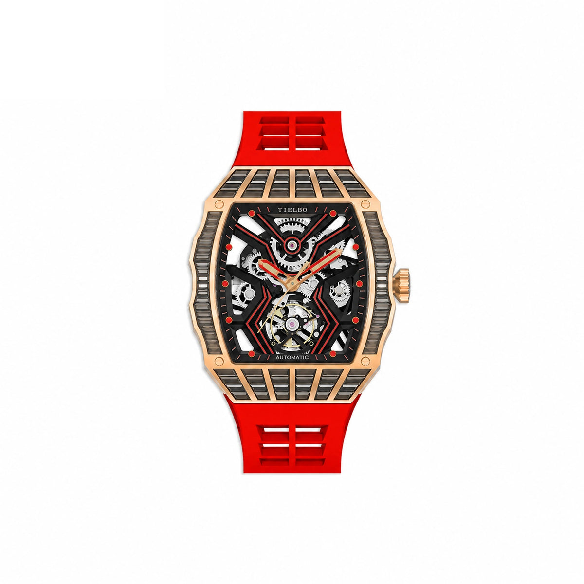 HORAE V Avant Pulse T305M rose gold tone black accents red strap front view