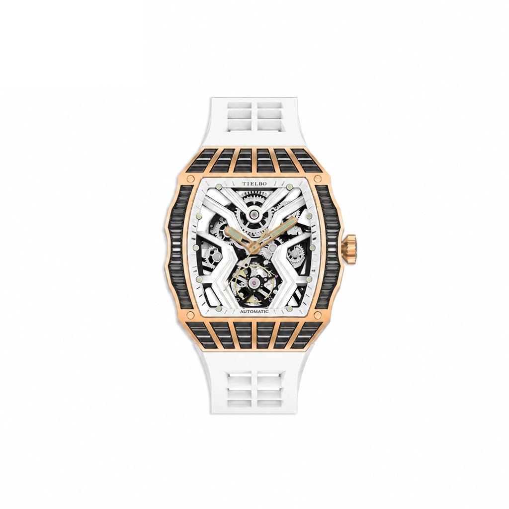 HORAE V Avant Pulse T305M rose gold tone black accents white strap front view
