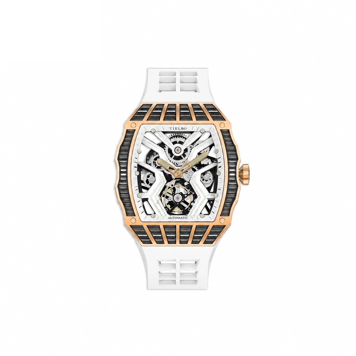 HORAE V Avant Pulse T305M rose gold tone black accents white strap front view