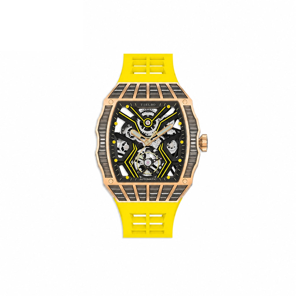 HORAE V Avant Pulse T305M rose gold tone black accents yellow strap front view