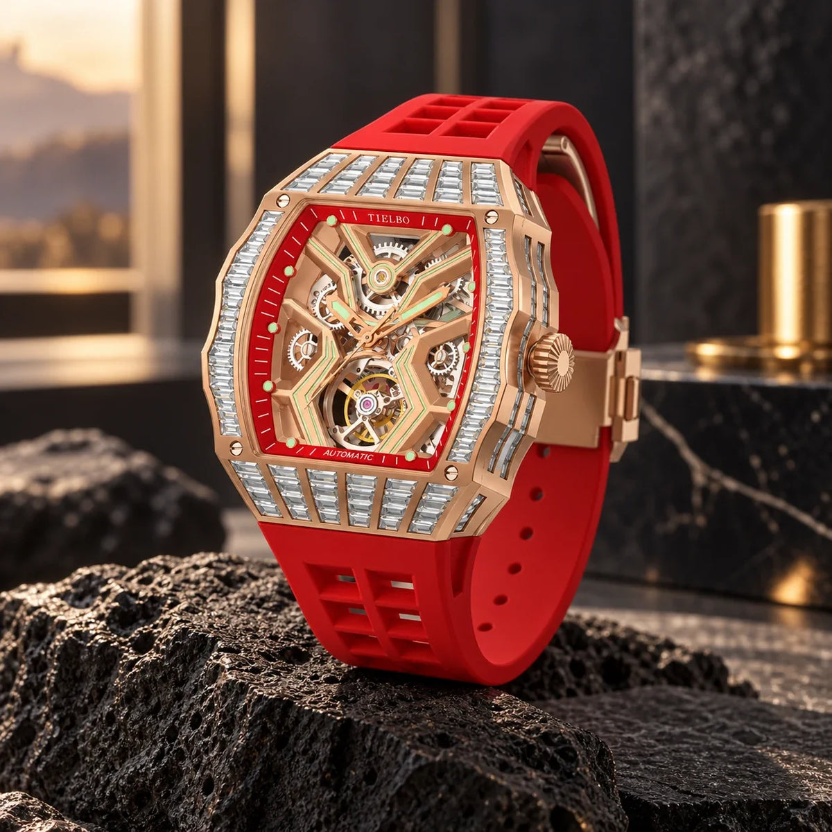 HORAE V × TIELBO Avant Pulse T305M rose gold red strap volcanic stone lifestyle scene