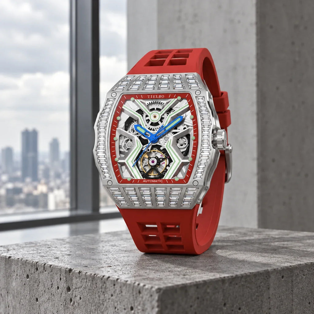 HORAE V × TIELBO Avant Pulse T305M platinum red strap architectural lifestyle scene