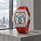 HORAE V × TIELBO Avant Pulse T305M platinum red strap architectural lifestyle scene