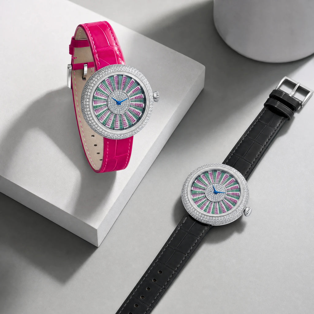 HORAE V × TIELBO Prismatic Mirage T820L pink and black watches in a modern display scene