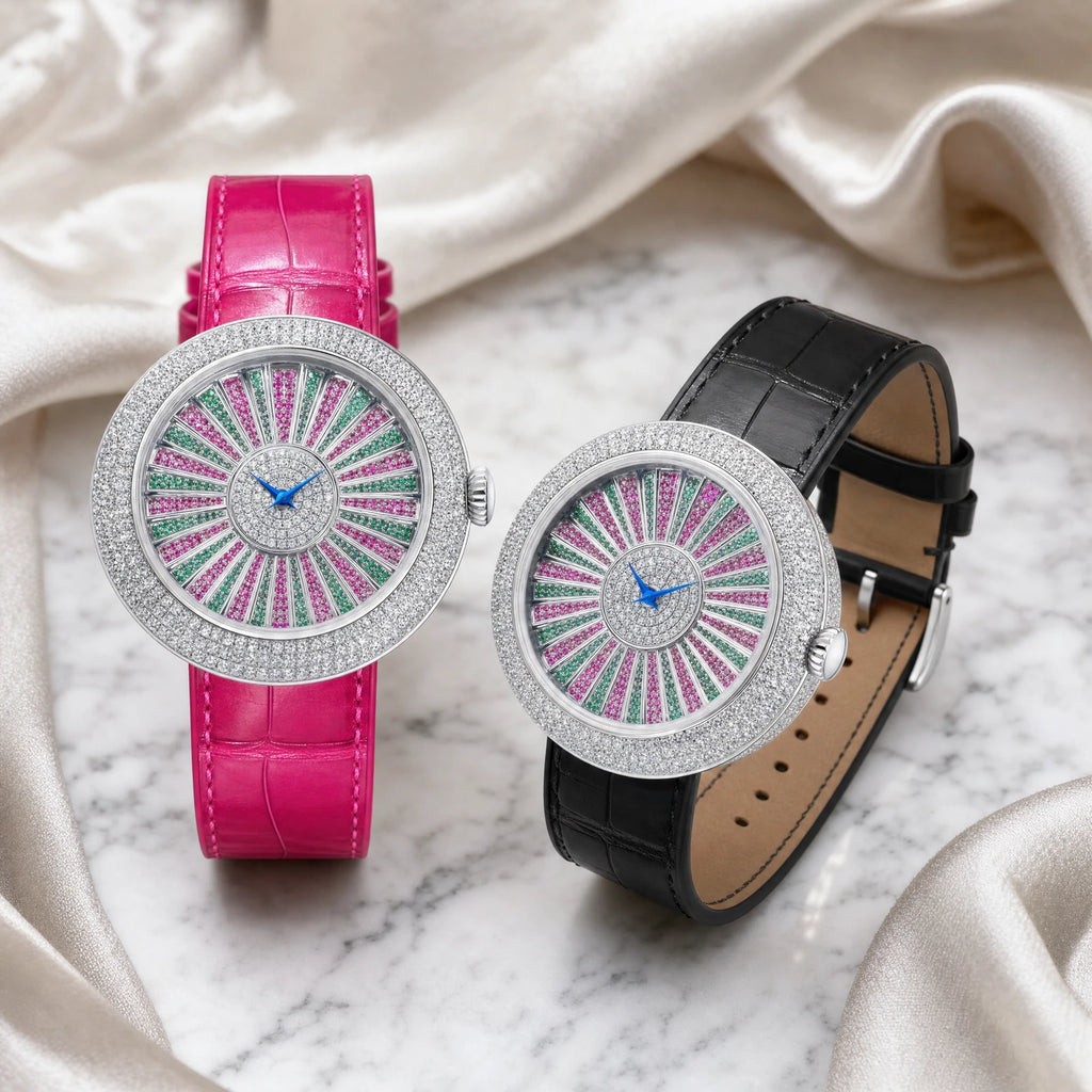HORAE V × TIELBO Prismatic Mirage T820L pink and black watches in a luxury marble scene