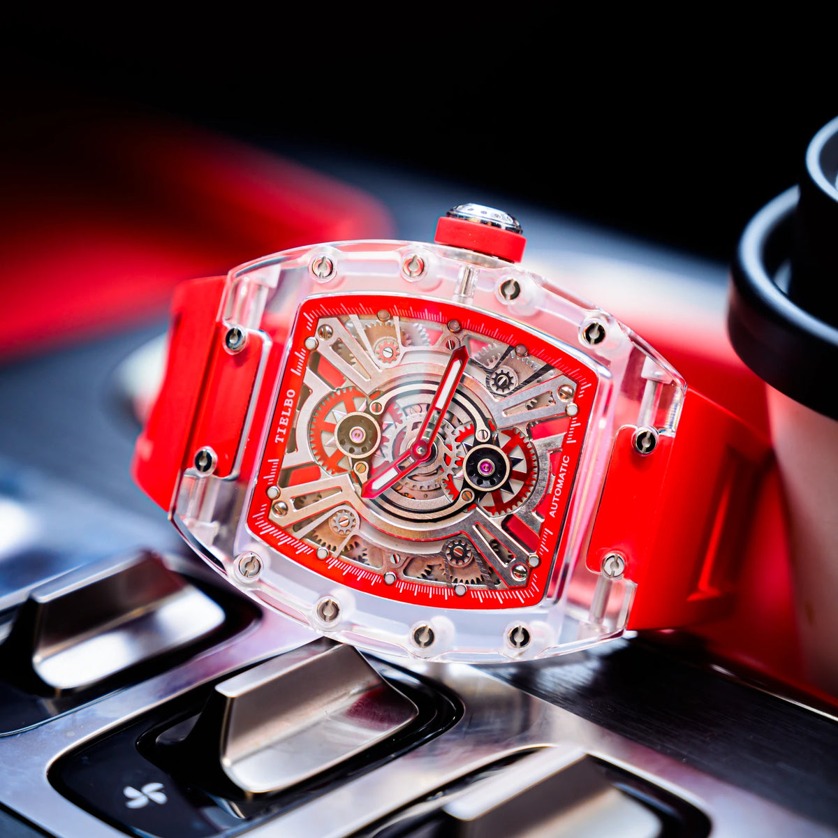 HORAE V x TIELBO Frost T823M red strap lifestyle scene 2
