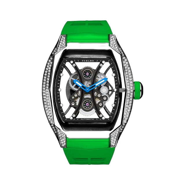 T831M A - Twin-Loop Black Tone case, Black dial, green strap, front view on white background