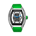 T831M A - Twin-Loop Black Tone case, Black dial, green strap, front view on white background