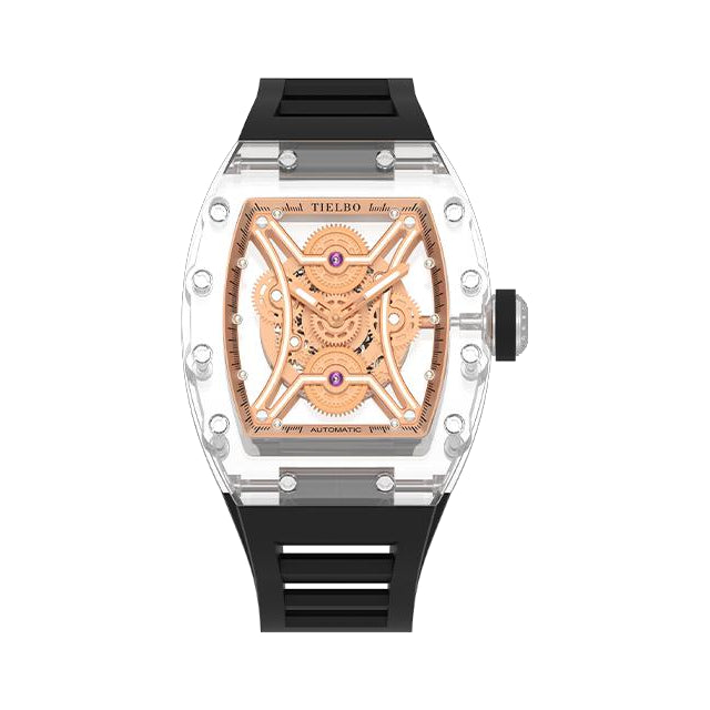 T832M Openwork Transparent case, Rose Gold Tone dial, black strap, front view on white background