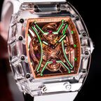 T832M Nightwalker with a rose-gold-tone openwork dial and white strap, held in hand with green luminous details visible; original manufacturer photograph
