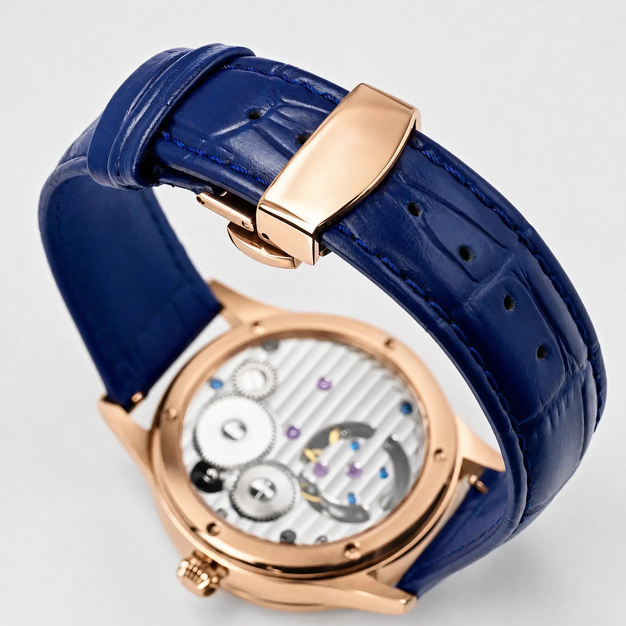 HOREAV watch blue leather strap detail with rose gold folding clasp