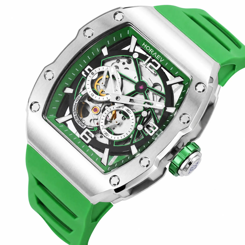 HORAE V Vantage Vector Viridian skeleton dial and crown detail