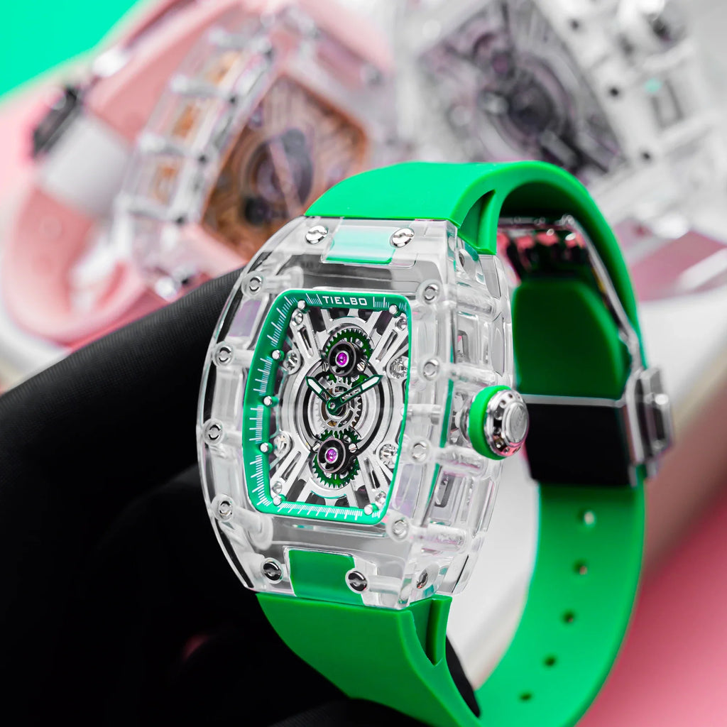 HORAE V x TIELBO Frost T823L green strap crystal case detail held in a black glove