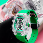 HORAE V x TIELBO Frost T823L green strap crystal case detail held in a black glove
