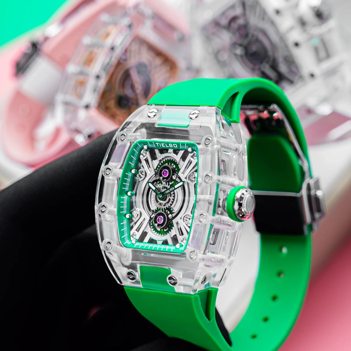HORAE V x TIELBO Frost T823L green strap crystal case detail held in a black glove