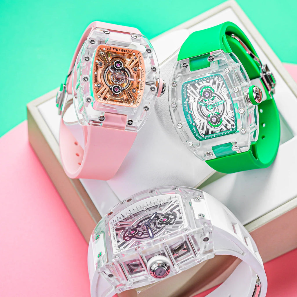 HORAE V x TIELBO Frost T823L pink green and white three-watch display