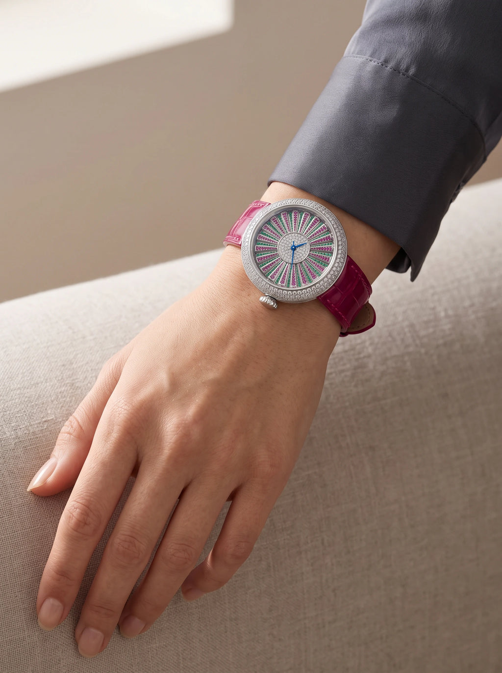HORAE V x TIELBO Prismatic Mirage T820L fuchsia strap on wrist, faceless lifestyle view