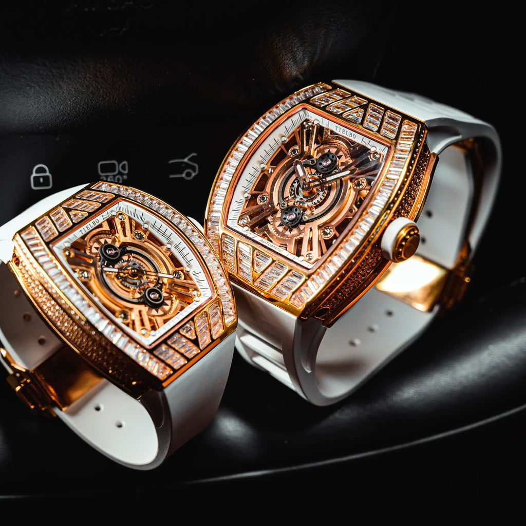 HORAE V x TIELBO Radiant Tempest rose gold white strap pair in a dark interior