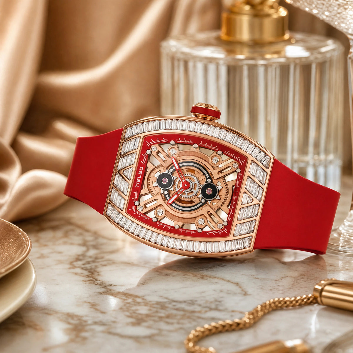 HORAE V x TIELBO Radiant Tempest T827L rose gold red strap in a luxury lifestyle scene