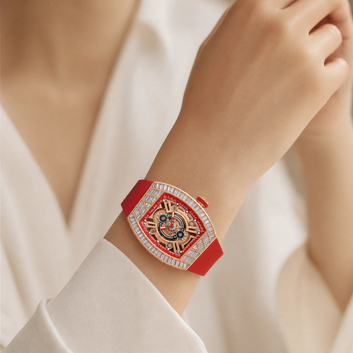 HORAE V x TIELBO Radiant Tempest T827L rose gold red strap on wrist, faceless lifestyle view