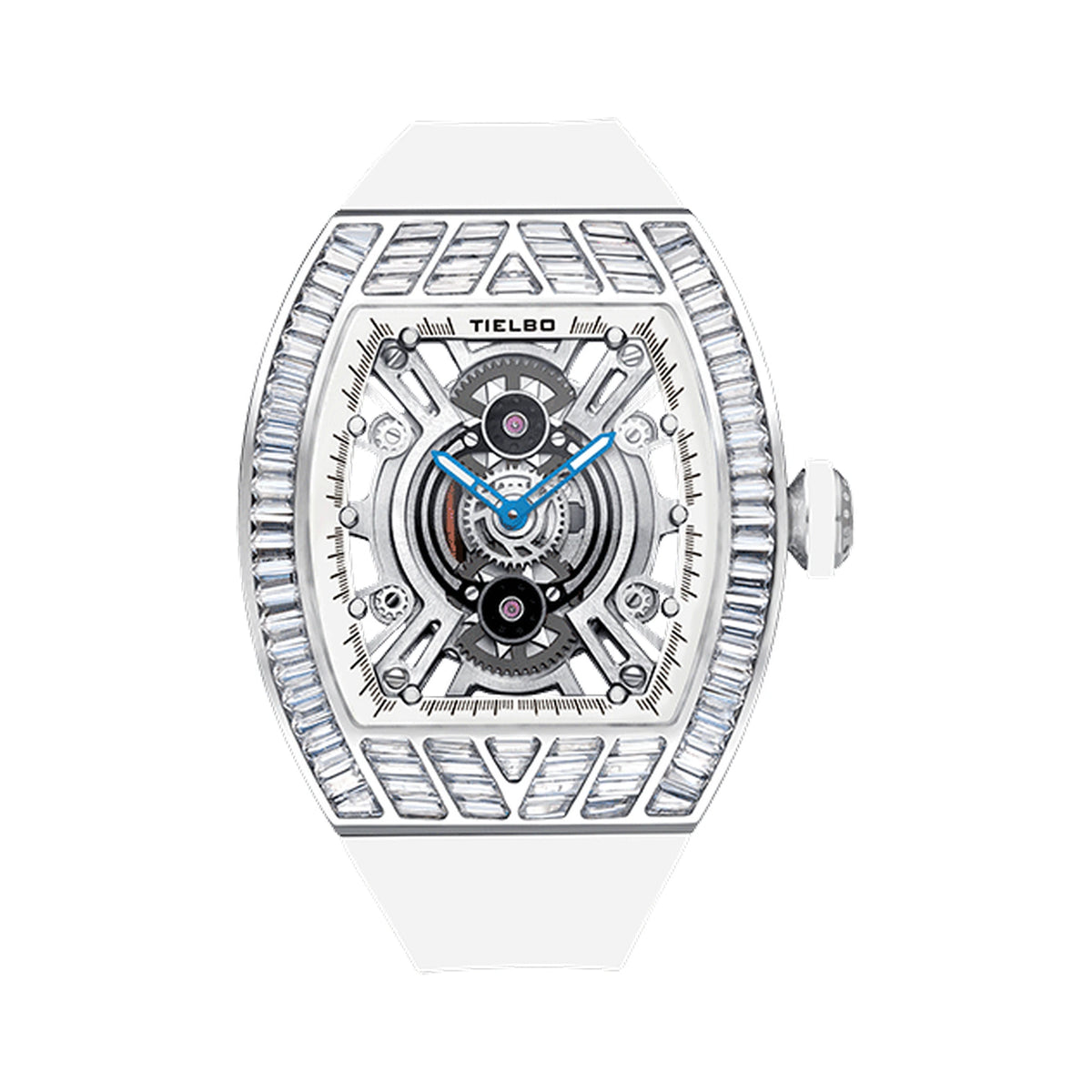 HORAE V x TIELBO Radiant Tempest T827L in platinum tone with white strap, front view