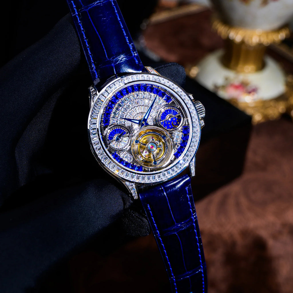 HORAE V x TIELBO Sky T806M held in a black glove in an elegant interior