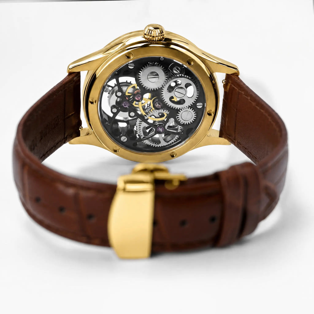 Back view of HOREAV gold mechanical watch showing exposed movement