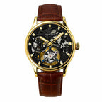 HOREAV gold skeleton tourbillon watch with brown leather strap front view
