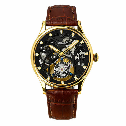 HOREAV gold skeleton tourbillon watch with brown leather strap front view

