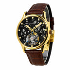 HOREAV gold skeleton mechanical watch with brown leather strap