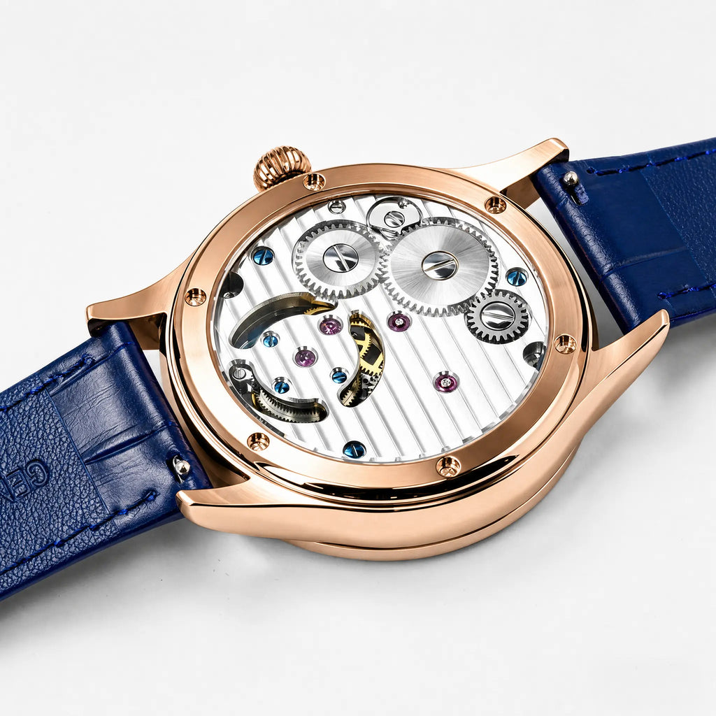 Close-up of HOREAV rose gold mechanical watch exhibition case back showing the movement
