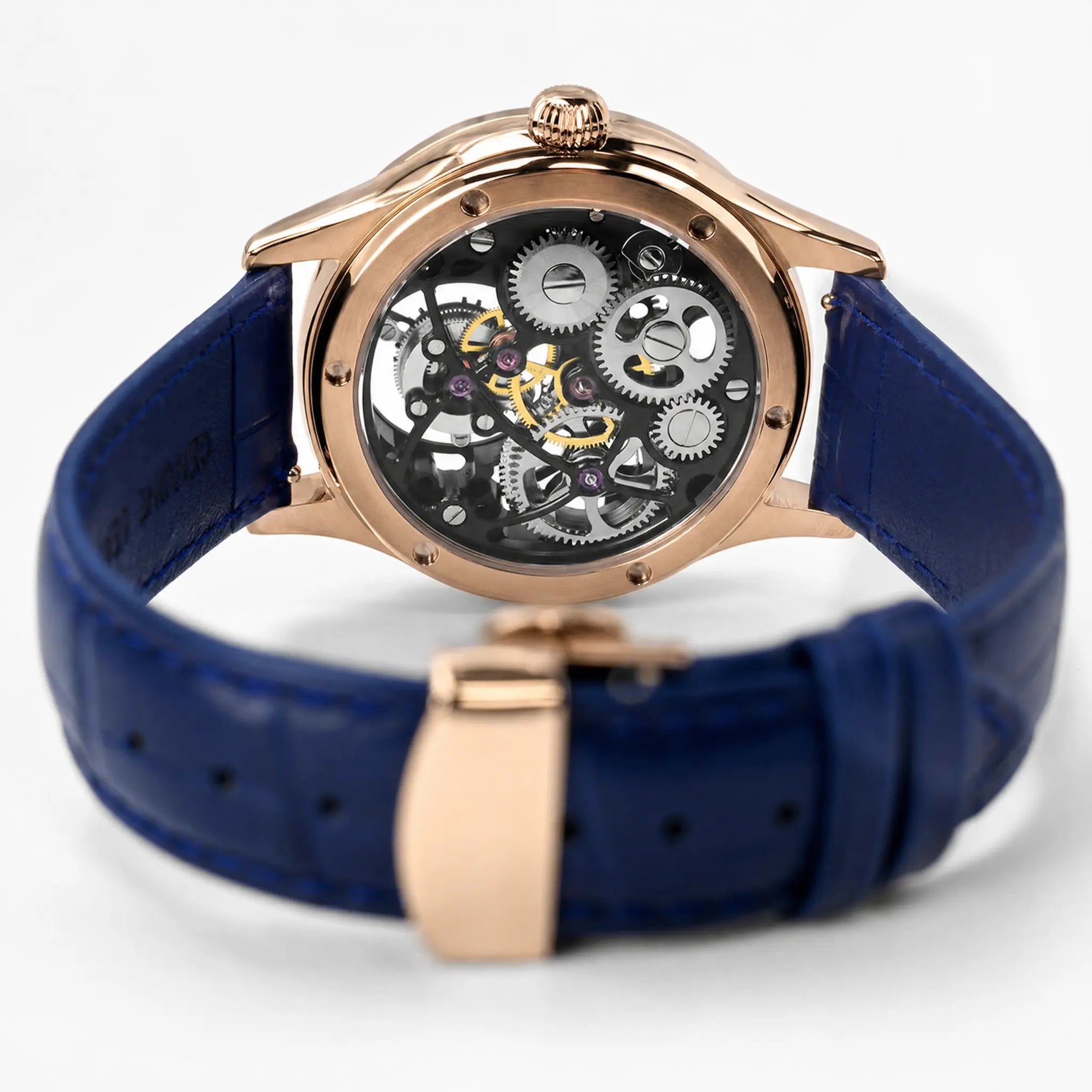HOREAV rose-gold-tone skeleton tourbillon watch exhibition caseback with blue leather strap