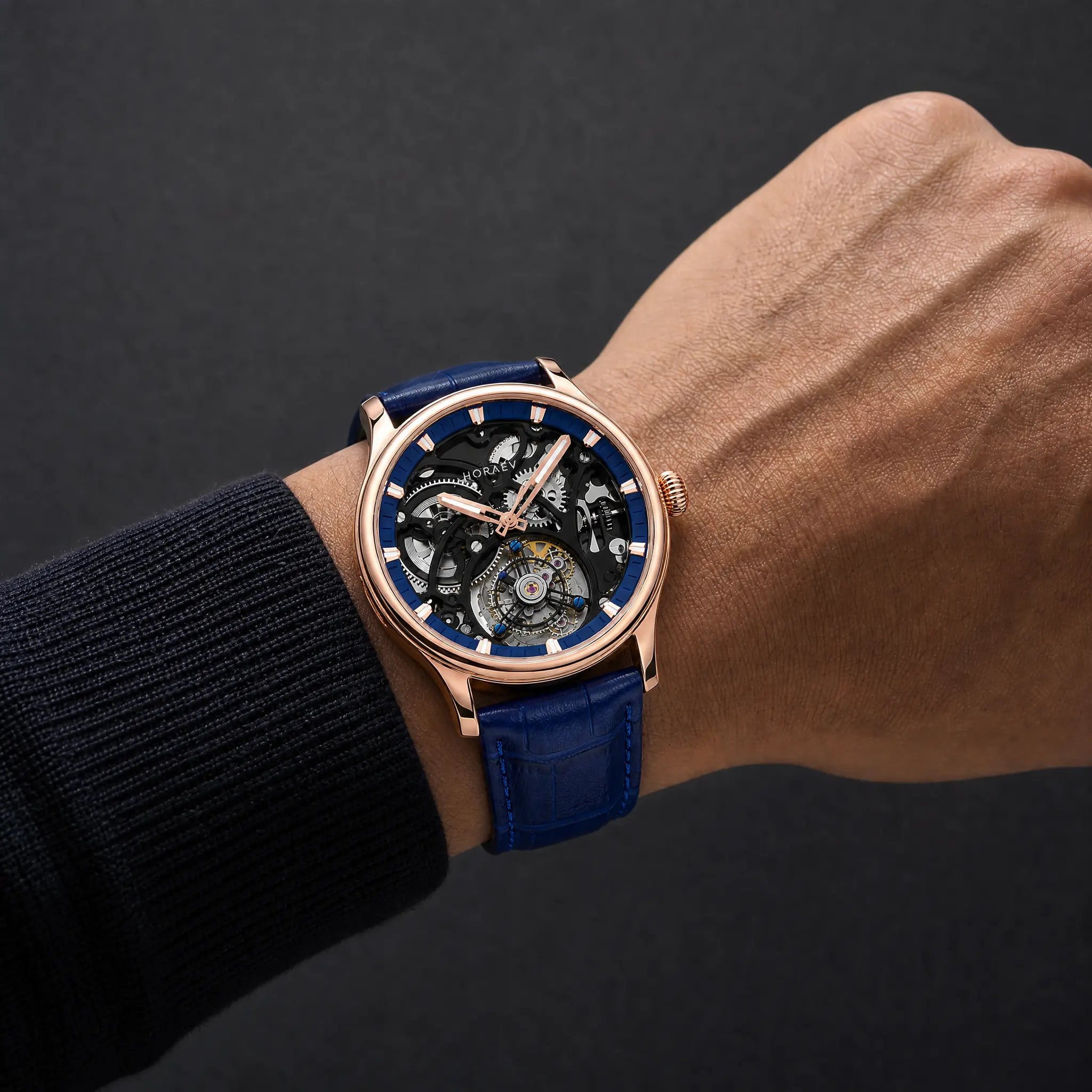 HOREAV rose-gold-tone skeleton tourbillon watch with blue leather strap