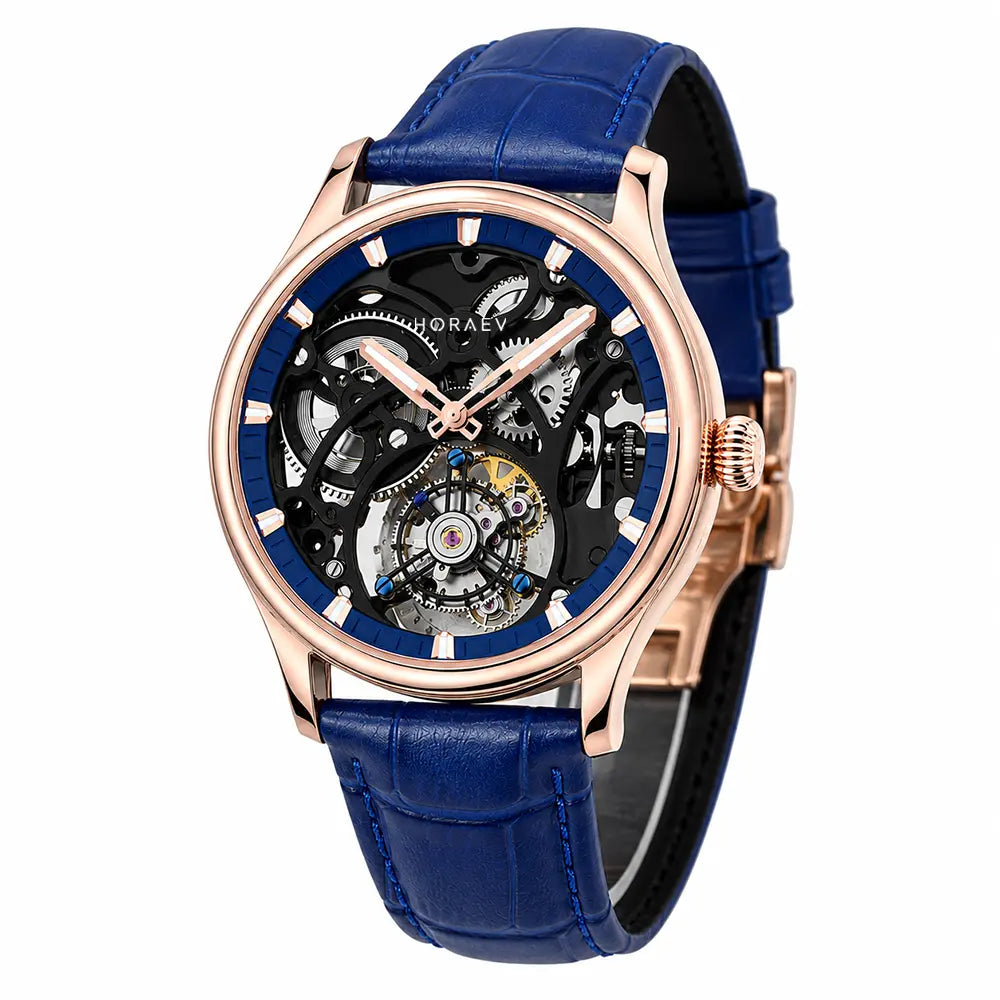 HOREAV rose-gold-tone skeleton tourbillon watch with blue leather strap three-quarter view
