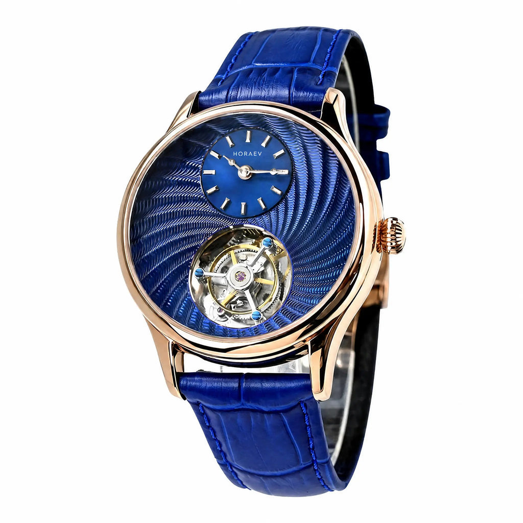 HOREAV rose gold tourbillon watch with blue guilloche-style dial and blue leather strap