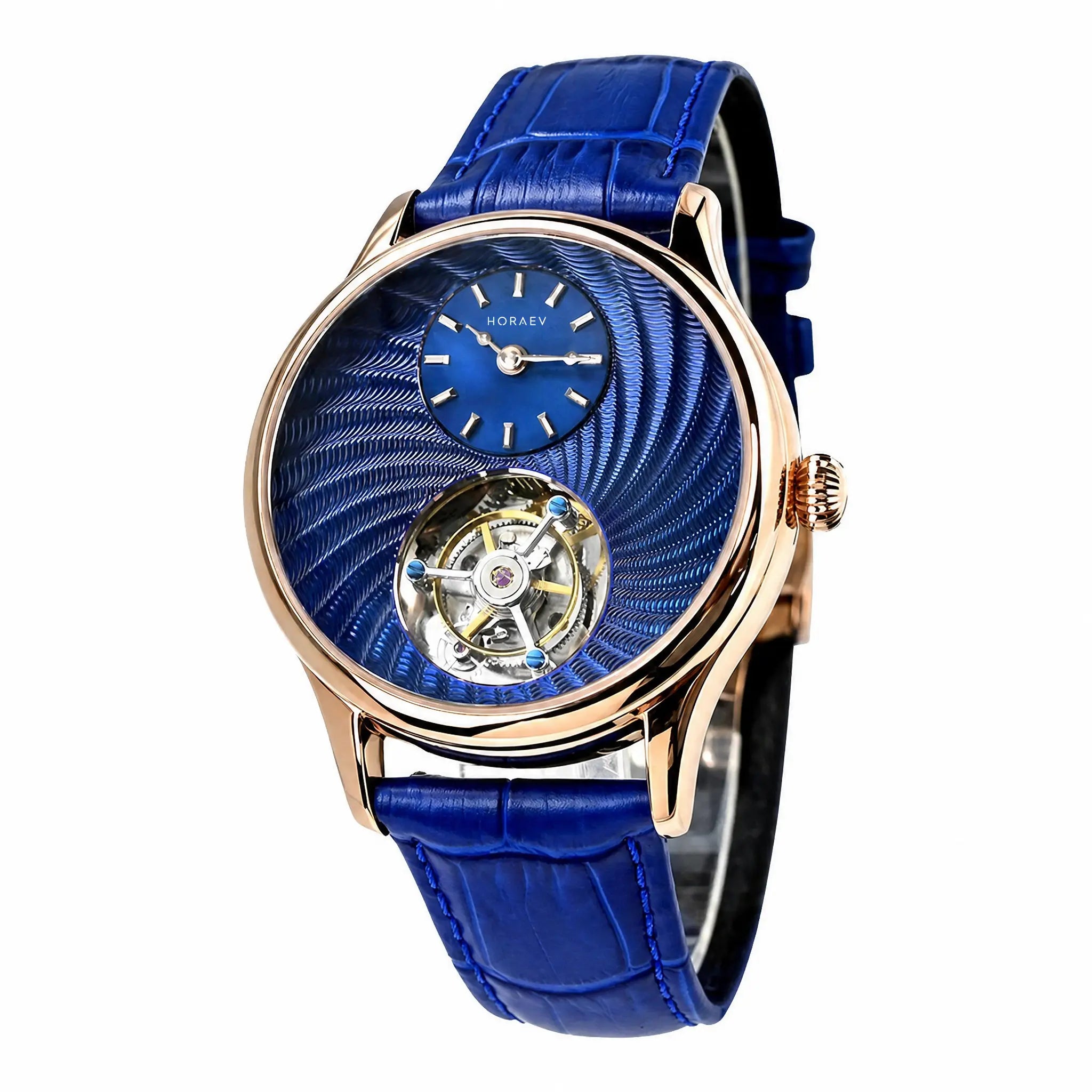 HOREAV rose gold tourbillon watch with blue guilloche-style dial and blue leather strap