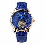 HOREAV rose gold mechanical watch with blue dial, exposed tourbillon and blue leather strap