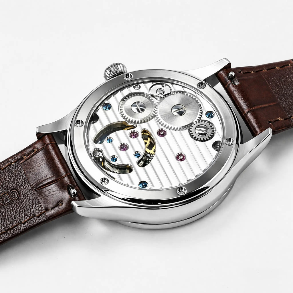 Close-up of HOREAV silver mechanical watch exhibition case back showing the movement