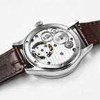 Close-up of HOREAV silver mechanical watch exhibition case back showing the movement