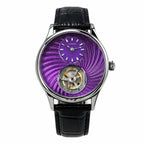 HOREAV silver tourbillon watch with purple guilloche-style dial and black leather strap