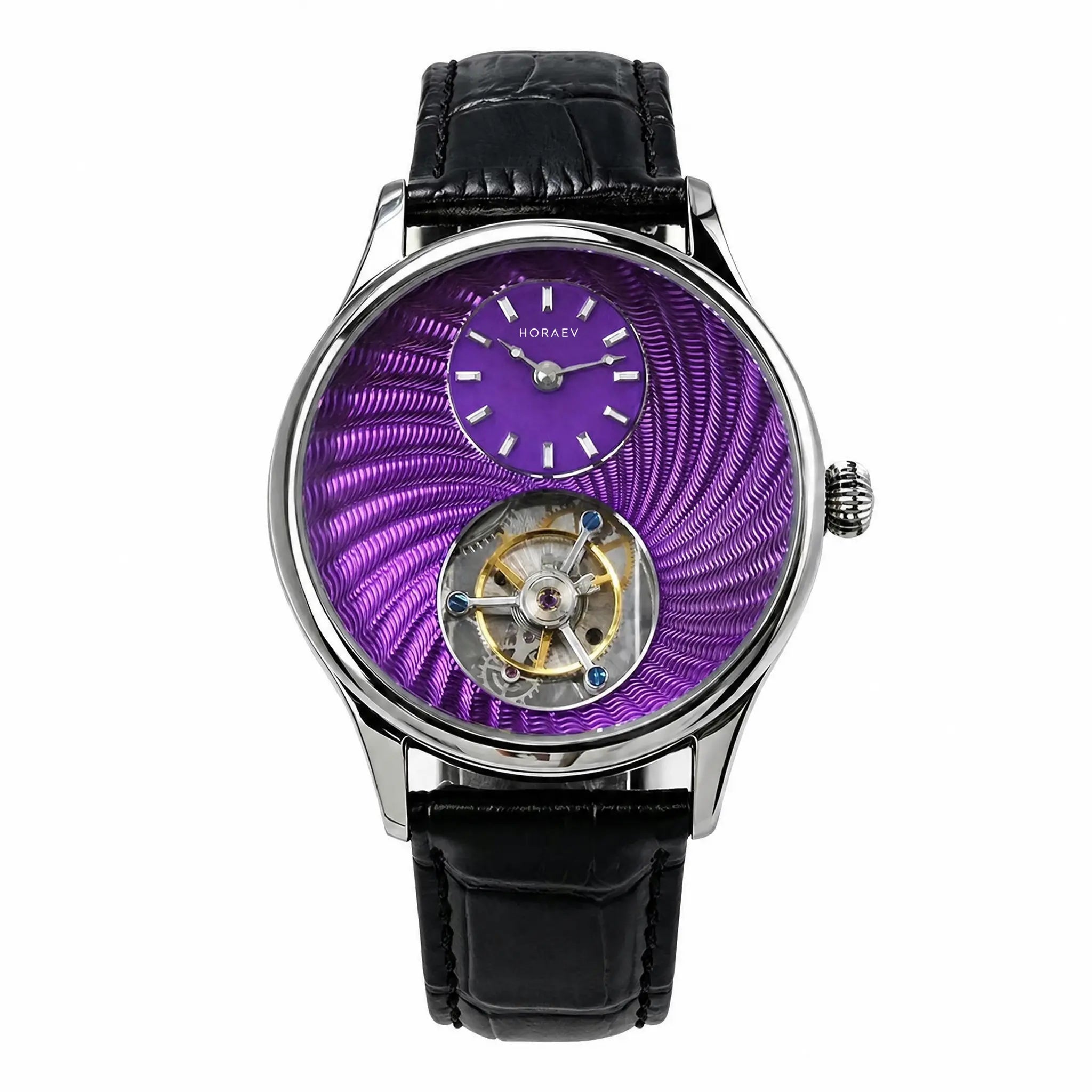 HOREAV silver tourbillon watch with purple guilloche-style dial and black leather strap